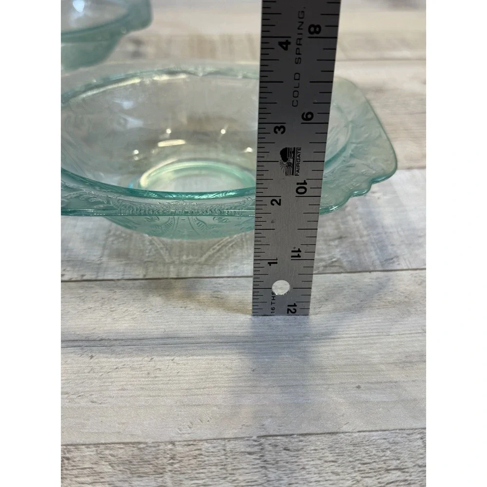 Vintage Aqua Teal Pressed Glass Square Bowl Floral Scroll Pattern Set Of 2 7in